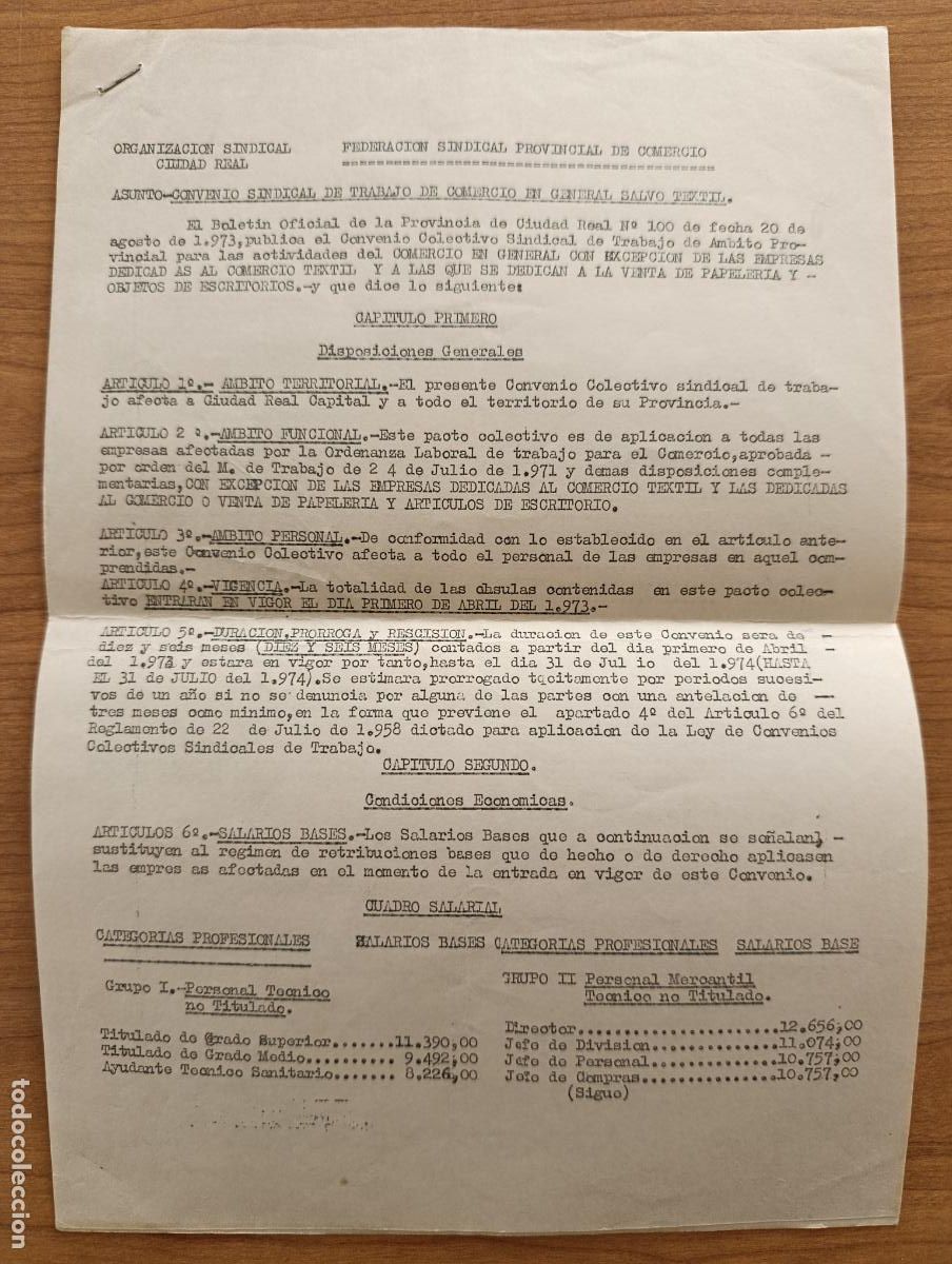 Documents Anciens: CONVENIO SINDICAL TRABAJO DE COMERCIO SALVO TEXTIL. 1973. ORG SINDICAL CIUDAD REAL