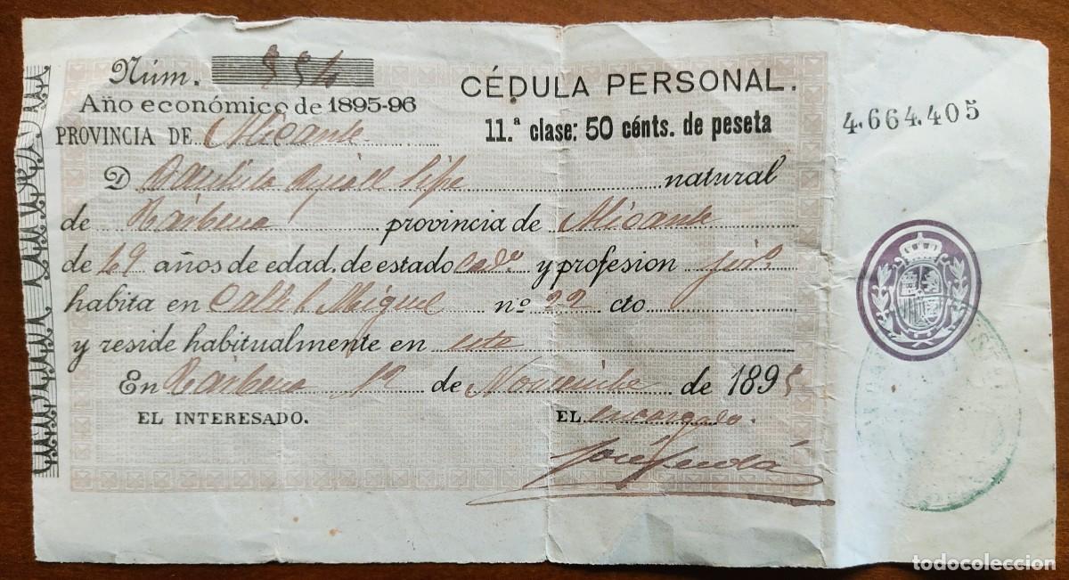 Documentos antiguos: T&Aacute;RBENA (ALICANTE) C&Eacute;DULA PERSONAL A&Ntilde;O ECON&Oacute;MICO 1895-96 - 11&ordf; CLASE 50 C&Eacute;NTS. DE PESETA