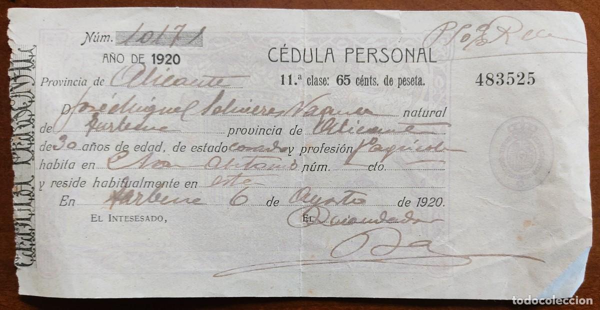 Documentos antiguos: T&Aacute;RBENA (ALICANTE) C&Eacute;DULA PERSONAL A&Ntilde;O 1920 - 11&ordf; CLASE 65 C&Eacute;NTS. DE PESETA