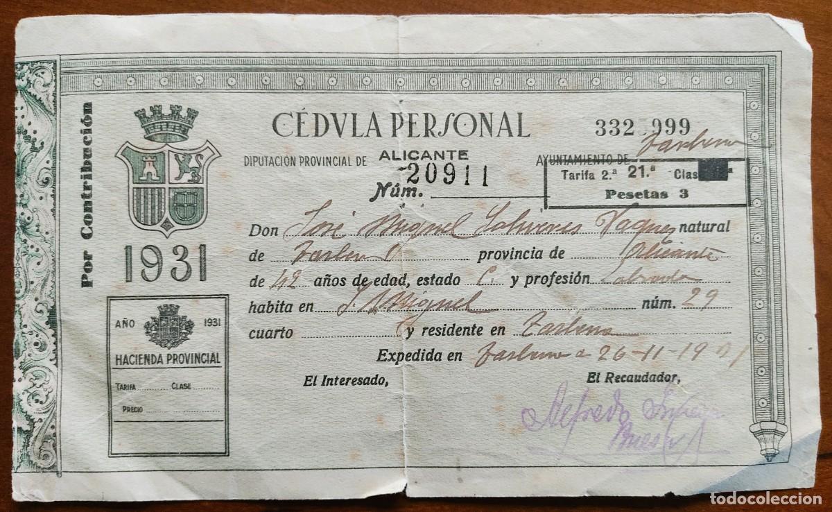 Documents Anciens: T&Aacute;RBENA (ALICANTE) - C&Eacute;DULA PERSONAL A&Ntilde;O 1931