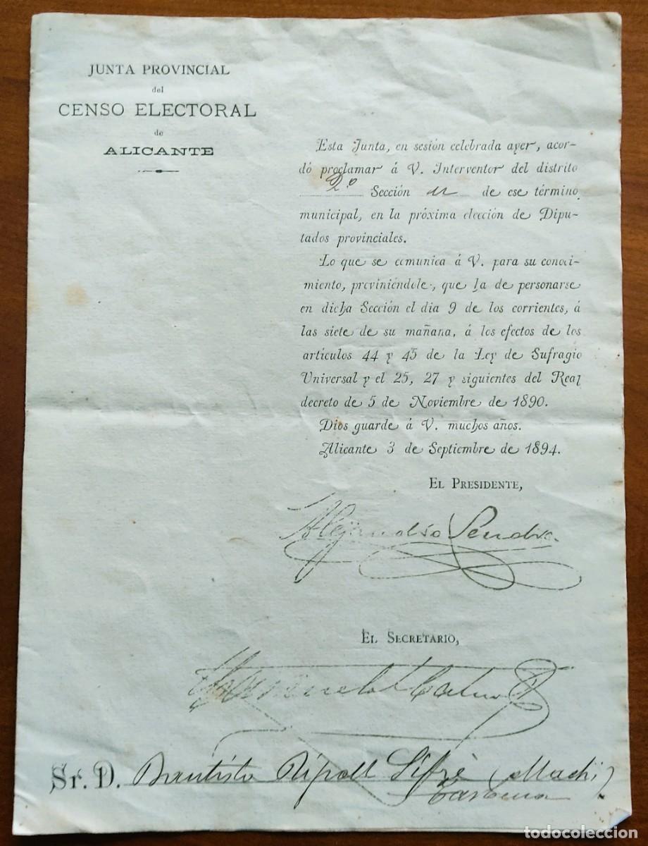 Documentos antiguos: CIRCULAR JUNTA PROVINCIAL DEL CENSO ELECTORAL DE ALICANTE A&Ntilde;O 1894 PROCLAMACI&Oacute;N INTERVENTOR