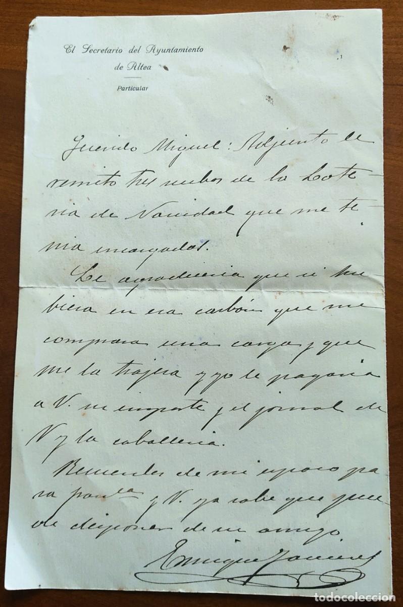 Documentos antiguos: CARTA CON MEMBRETE DE EL SECRETARIO DEL AYUNTAMIENTO DE ALTEA (ALICANTE) PARTICULAR MUY ANTIGUO