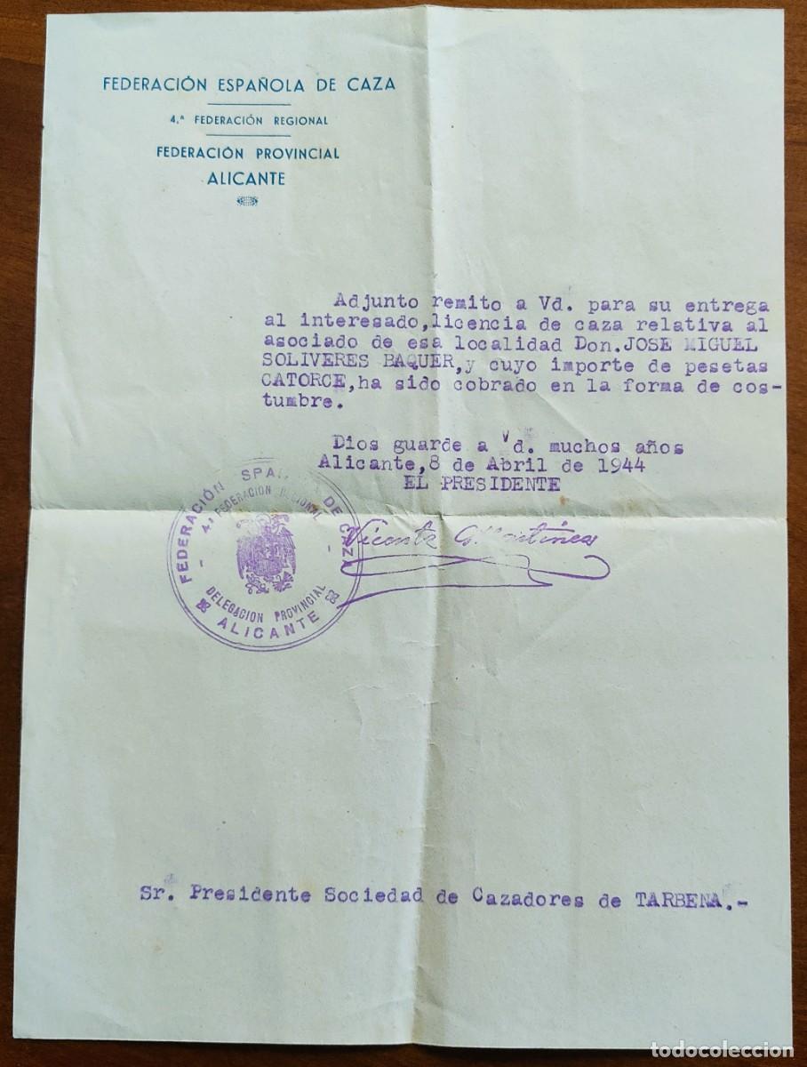 Documenti antichi: CARTA CABECERA FEDERACI&Oacute;N ESPA&Ntilde;OLA DE CAZA FEDERACI&Oacute;N PROVINCIAL DE ALICANTE A&Ntilde;O 1944