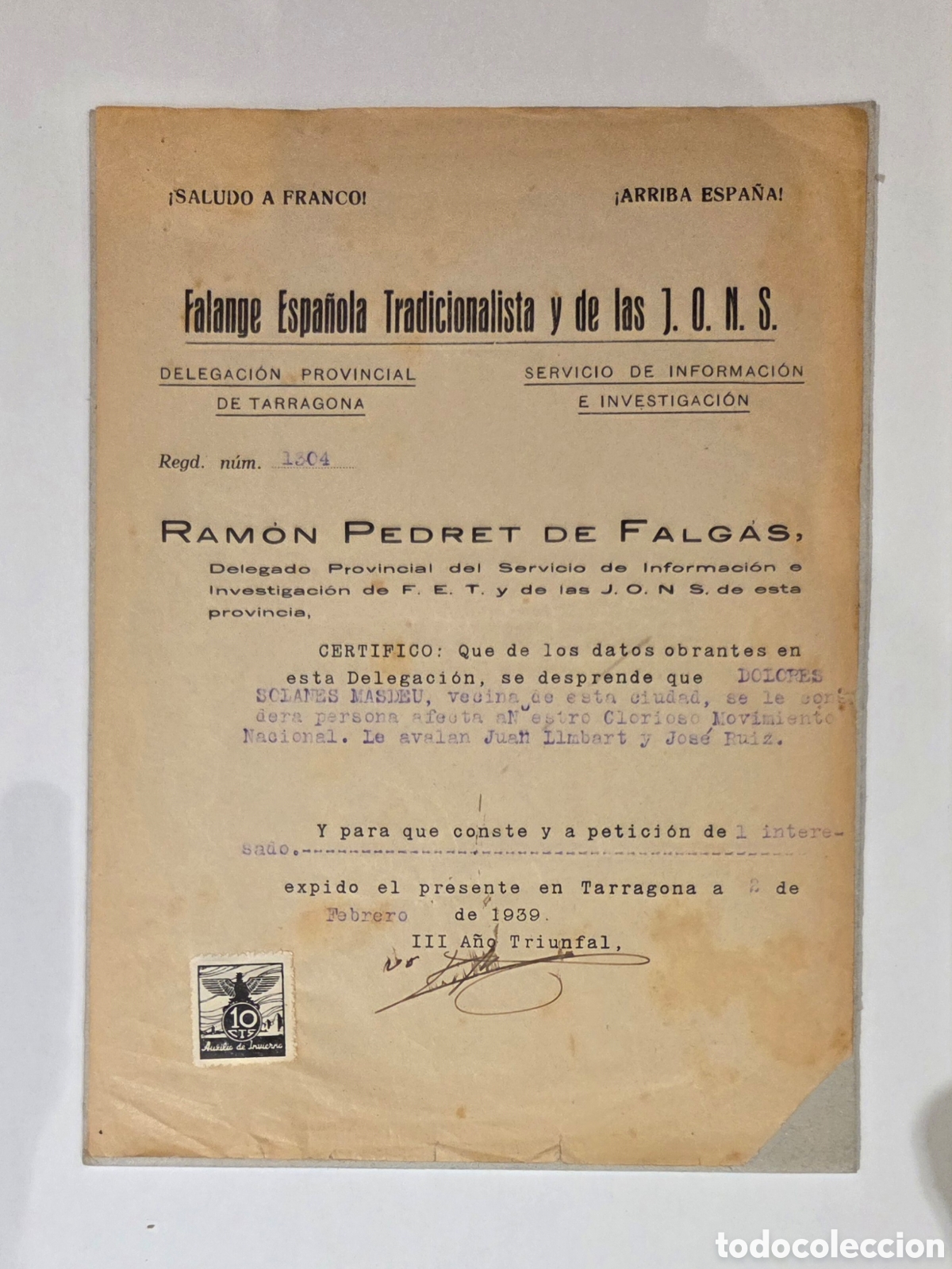 Documentos antiguos: Certificado oficial Falange Espa&ntilde;ola 1939