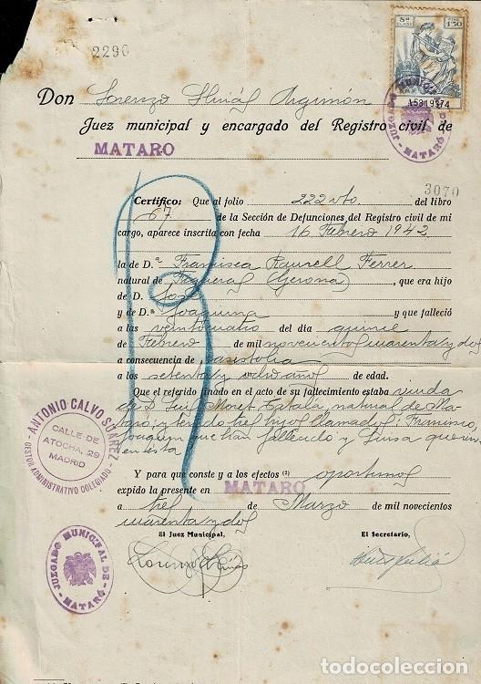 Documenti antichi: L26-4 MATARO - CERTIFICADO DE DEFUNCION del Juzgado Municipal de Mataro de 1942