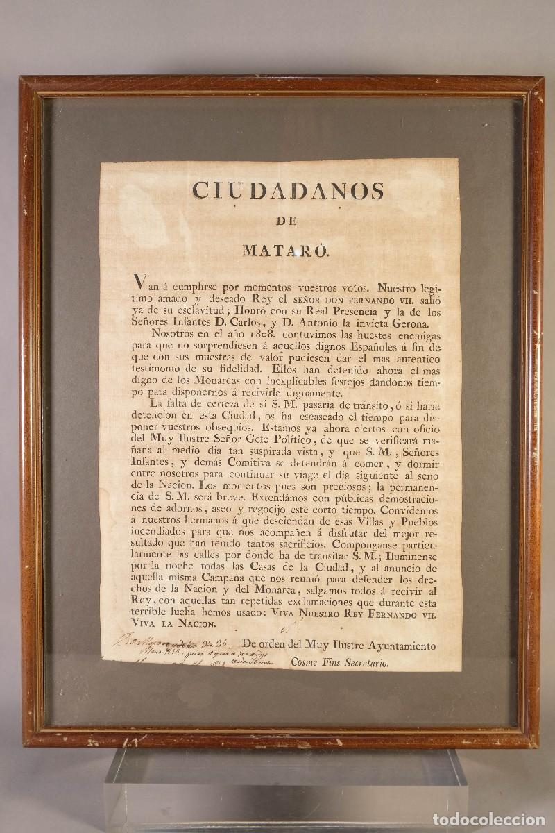 Documentos antiguos: Documento antiguo &rdquo;Ciudadanos de Matar&oacute;&rdquo; por la visita de Fernando VII, 1814. Cosme Fins secretario