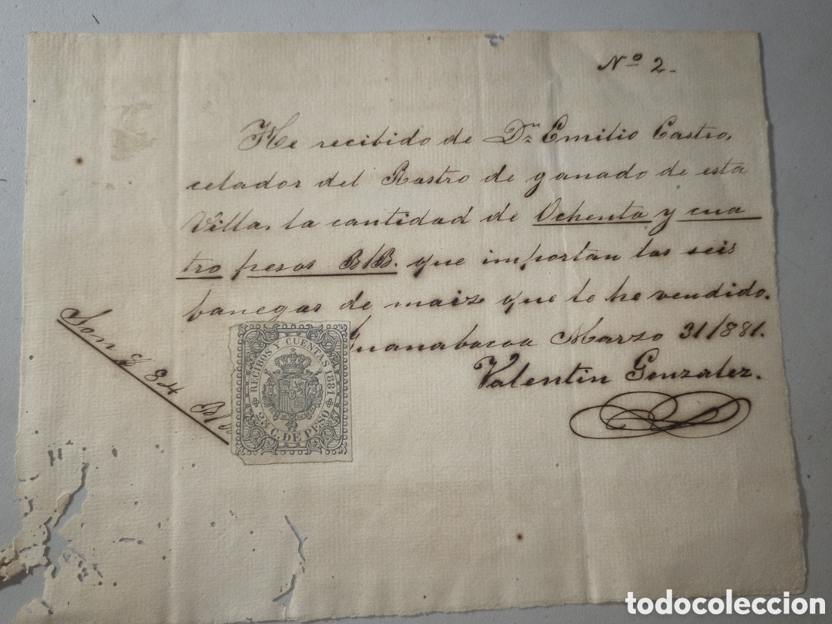 Documentos antiguos: Cuba espa&ntilde;ola,recib&iacute; oficial con sello 25 centavos peso ,a&ntilde;o 1881