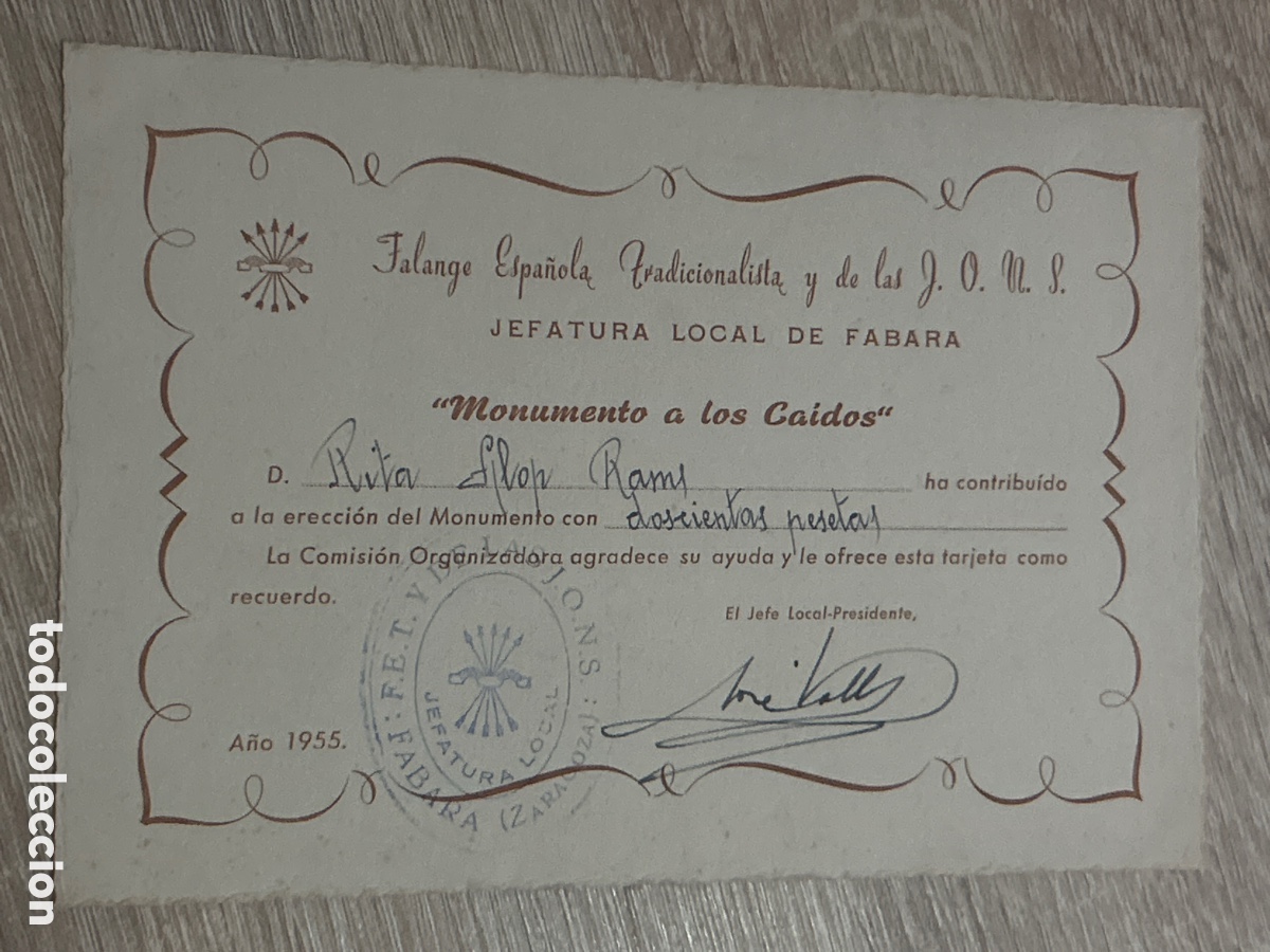 Documentos antiguos: Recibo de Falange Espa&ntilde;ola Tradicionalista y de las J. O. N. S..