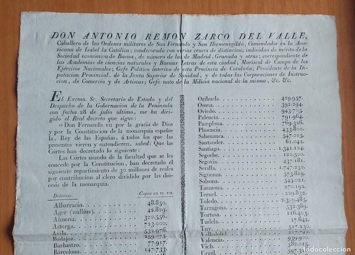 Documentos antiguos: EDICTO REPARTIMIENTO CONTRIBUCION CLERO TRIENIO LIBERAL 1821