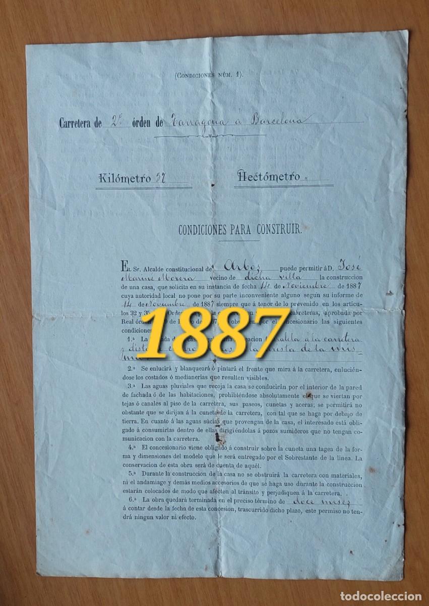 Documentos antiguos: ARBO&Ccedil; AUTORIZACION PARA CONSTRUIR CASA 1887 ARBOS PENEDES