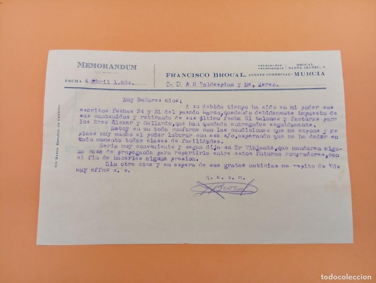 Documentos antiguos: MEMORANDUM. FRANCISCO BROCAL. MURCIA. 1934. - Foto 1