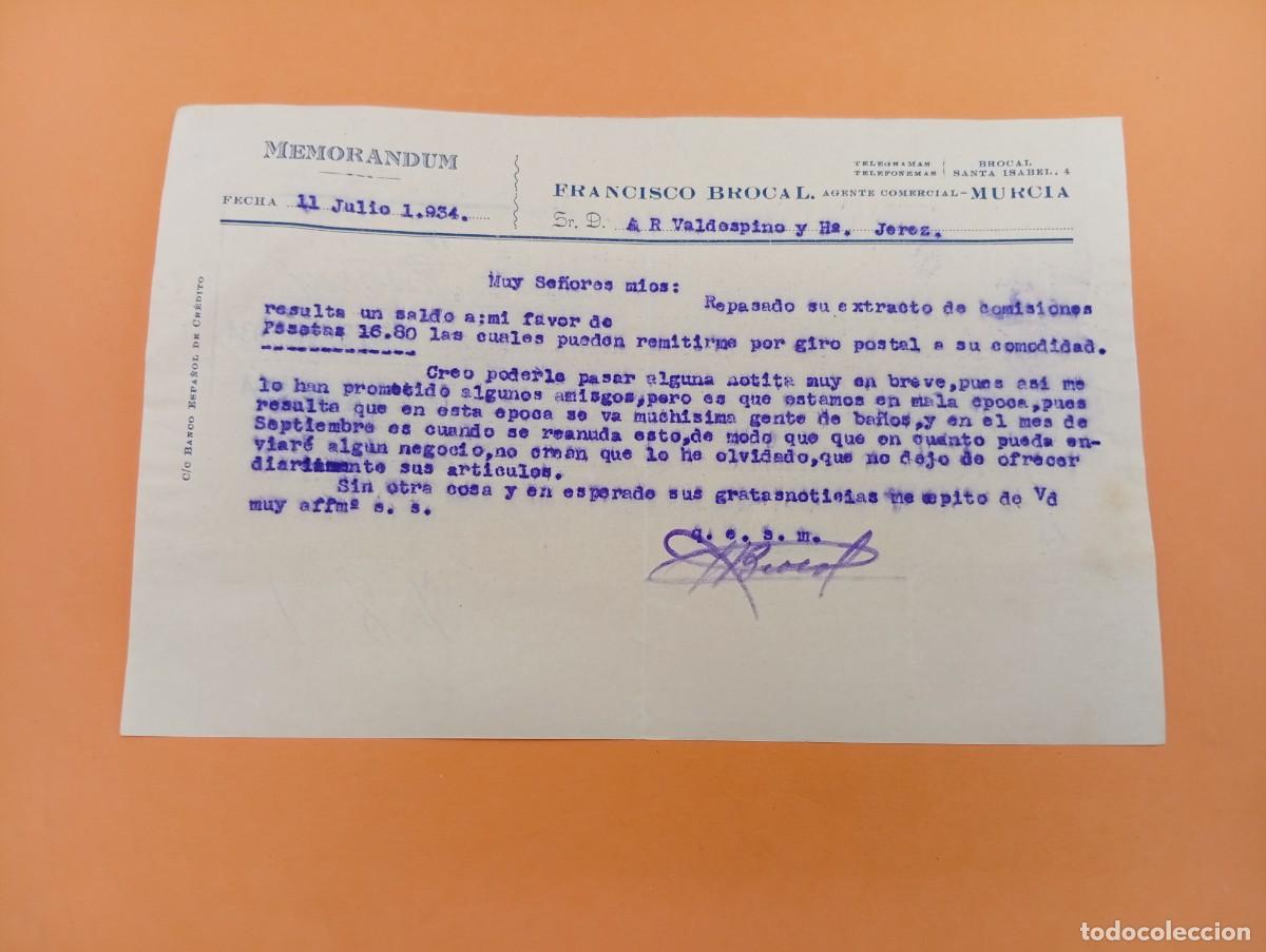 Documentos antiguos: MEMORANDUM. FRANCISCO BROCAL. MURCIA. 1934.
