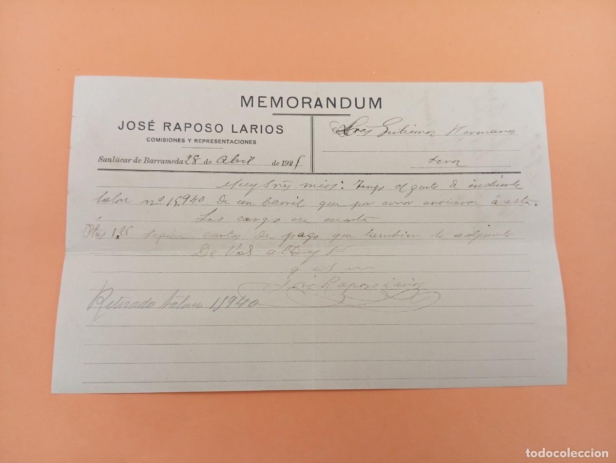 Documentos antiguos: MEMORANDUM. JOSE RAPOSO LARIOS. SANL&Uacute;CAR DE BARRAMEDA, C&Aacute;DIZ. 1925.