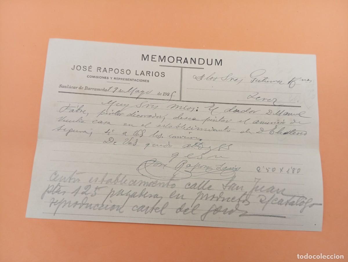 Documentos antiguos: MEMORANDUM. JOSE RAPOSO LARIOS. SANL&Uacute;CAR DE BARRAMEDA, C&Aacute;DIZ. 1925.
