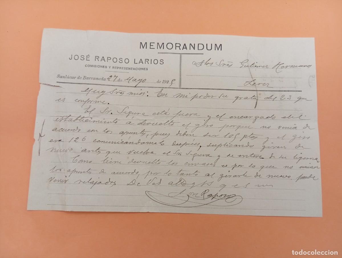 Documentos antiguos: MEMORANDUM. JOSE RAPOSO LARIOS. SANL&Uacute;CAR DE BARRAMEDA, C&Aacute;DIZ. 1925.