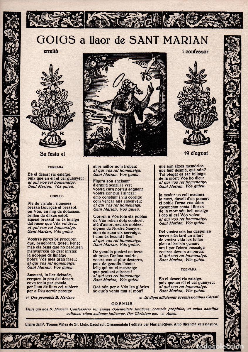 Documentos antiguos: [1928]. Goigs a llaor de Sant Marian, ermita i confesor.