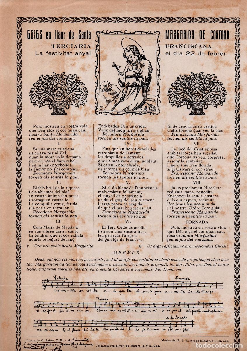 Documentos antiguos: Goigs en llaor de Santa Margarida de Cortona. Terciaria Franciscana. Dedicat i signat.