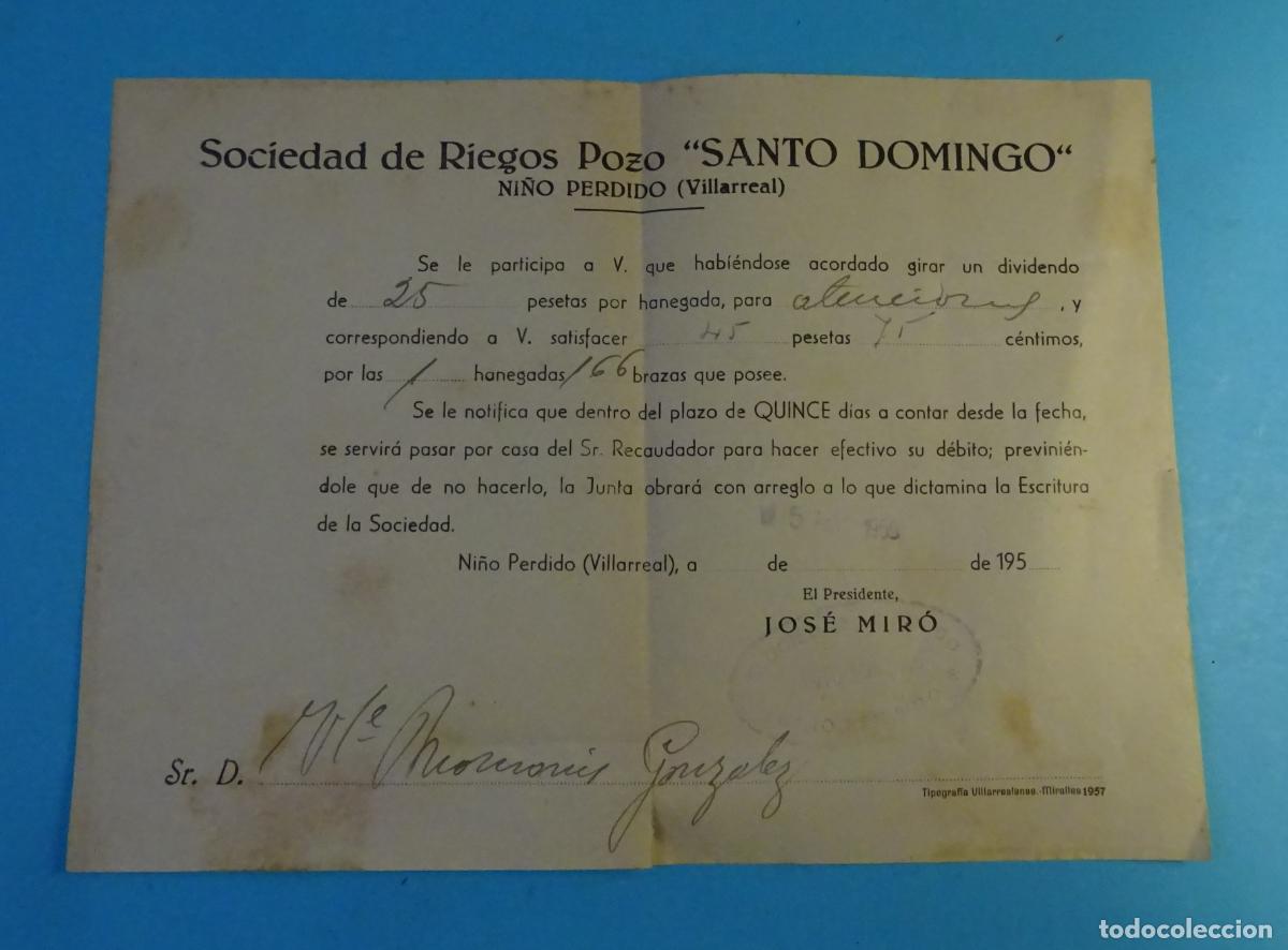 Documentos antiguos: AVISO DE COBRO SOCIEDAD DE RIEGOS POZO SANTO DOMINGO. NI&Ntilde;O PERDIDO ( VILLARREAL). 1959