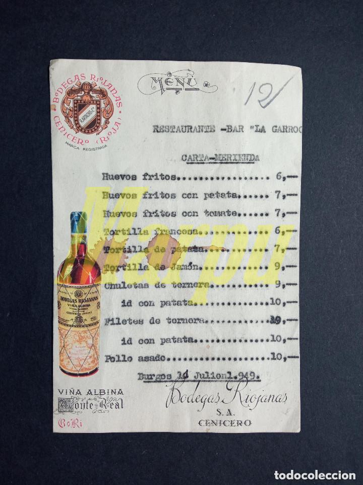 Documentos antiguos: MENU DE 1949 DEL RESTAURANTE &rdquo;LA GARROCHA&rdquo; DE LA DEPORTIVA MILITAR DE BURGOS - BODEGAS RIOJANAS