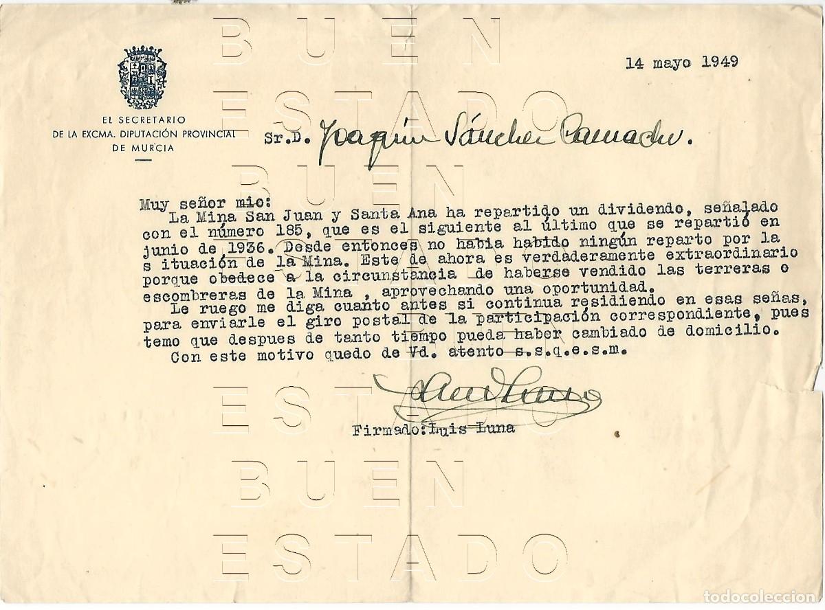 Documentos antiguos: BAZA GRANADA MURCIA MINAS SAN JUAN Y SANTA ANA CARTA 1949 JOSE MANUEL CAMACHO PADILLA B01