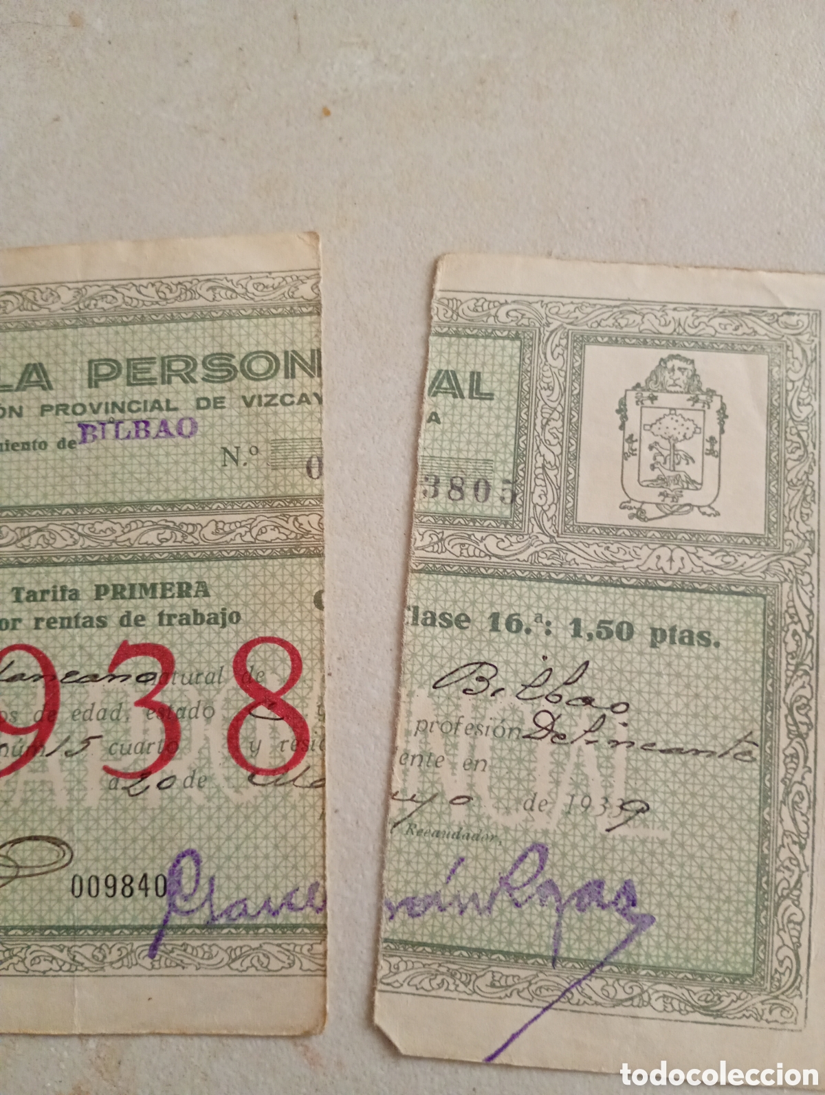 Documentos antiguos: C&eacute;dula personal Bilbao 1938 - Foto 3