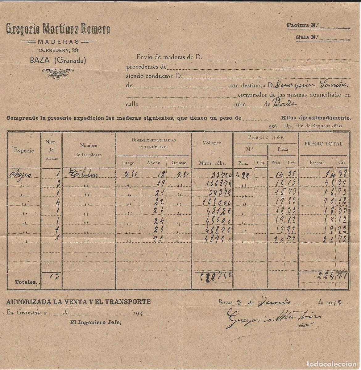Documentos antiguos: BAZA GRANADA GREGORIO MARTINEZ ROMERO 1943 FACTURA ANTIGUA JOAQUIN SANCHEZ CAMACHO B03