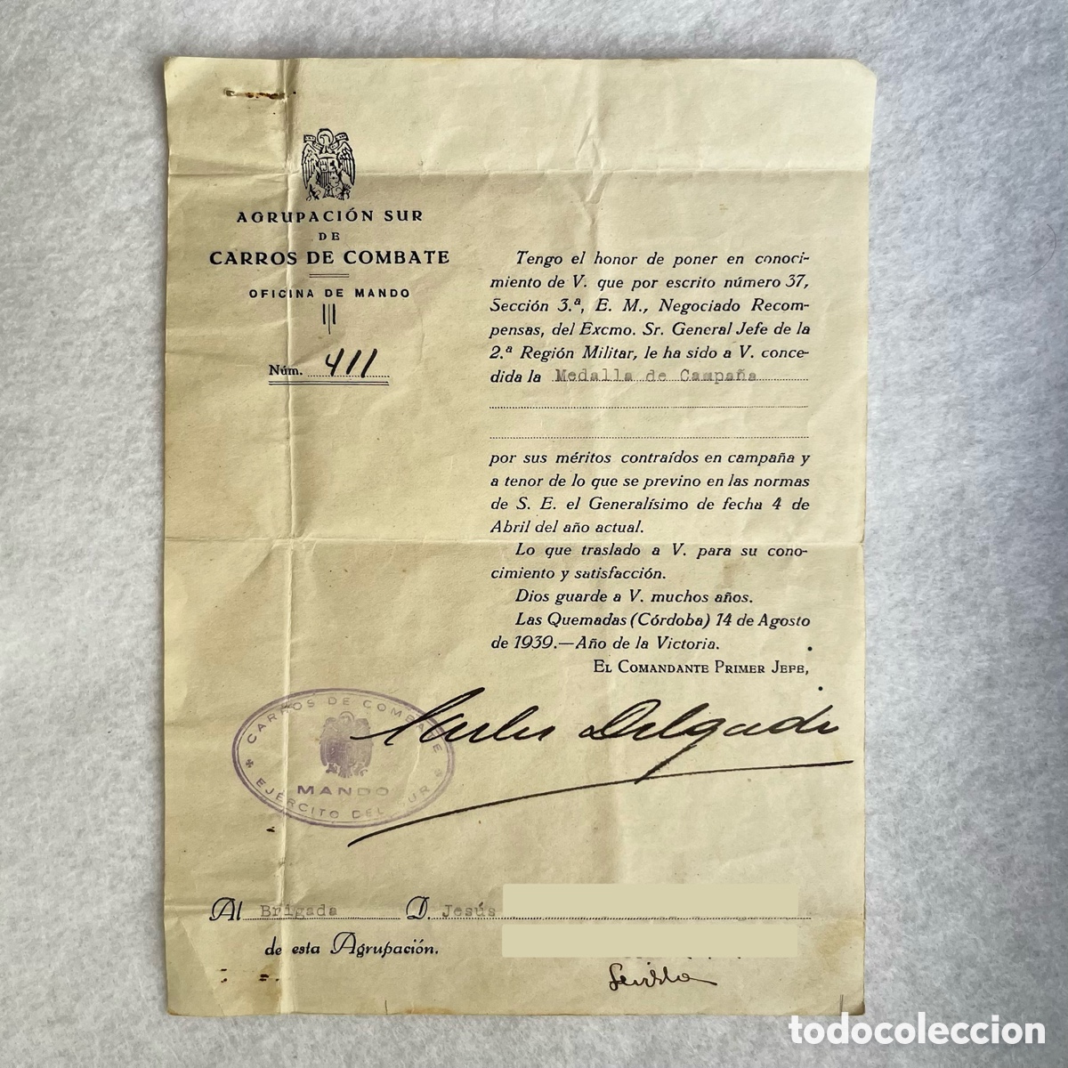 Documentos antiguos: MILITAR - GUERRA CIVIL - AGRUPACI&Oacute;N SUR DE CARROS DE COMBATE - CONCESI&Oacute;N MEDALLA A BRIGADA