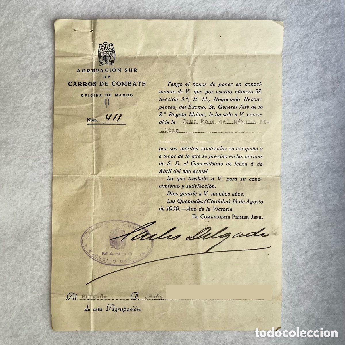 Documentos antiguos: MILITAR - GUERRA CIVIL - AGRUPACI&Oacute;N SUR DE CARROS DE COMBATE - CONCESI&Oacute;N MEDALLA A BRIGADA
