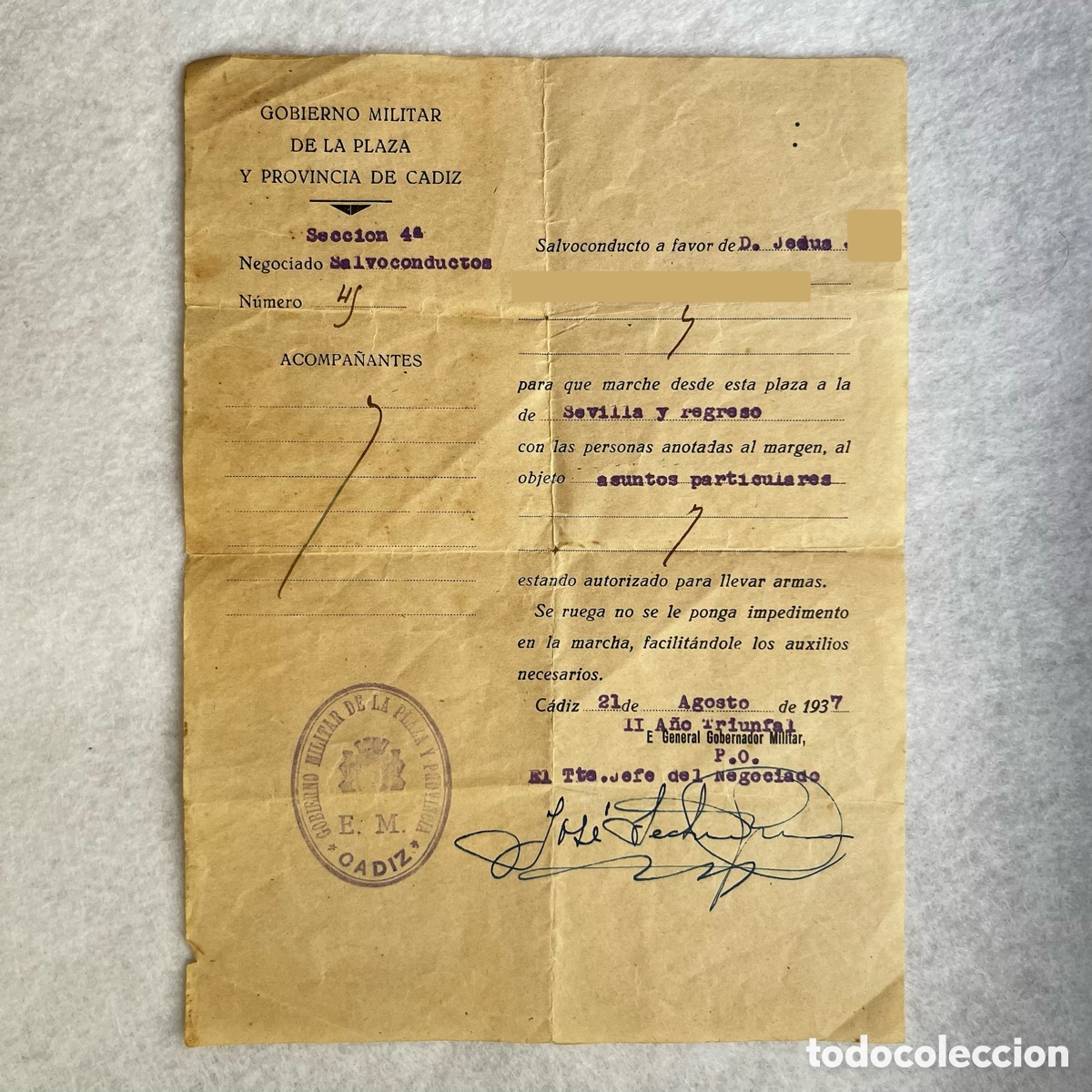 Documentos antiguos: MILITAR - GUERRA CIVIL - SALVOCONDUCTO DE UN BRIGADA C&Aacute;DIZ - SEVILLA