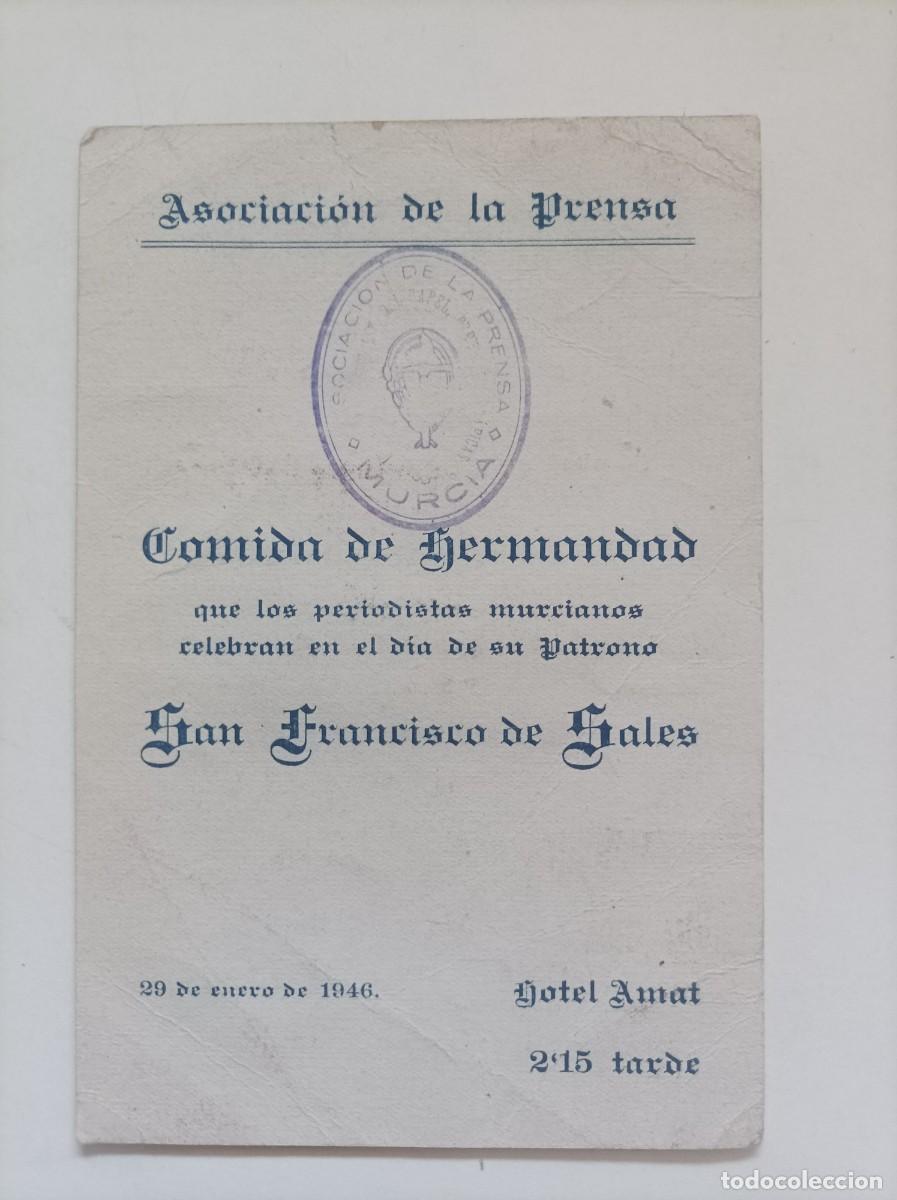 Documentos antiguos: Invitaci&oacute;n de la Asociaci&oacute;n de la Prensa de Murcia para una comida de hermandad. 29 de enero de 1946