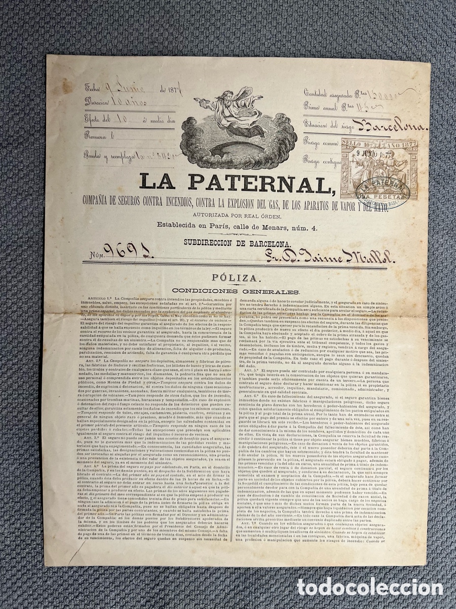 Documentos antiguos: LA PATERNAL CIA. DE SEGUROS CONTRA INCENDIOS, EXPLOSI&Oacute;N DEL GAS.., Barcelona (a.1877)