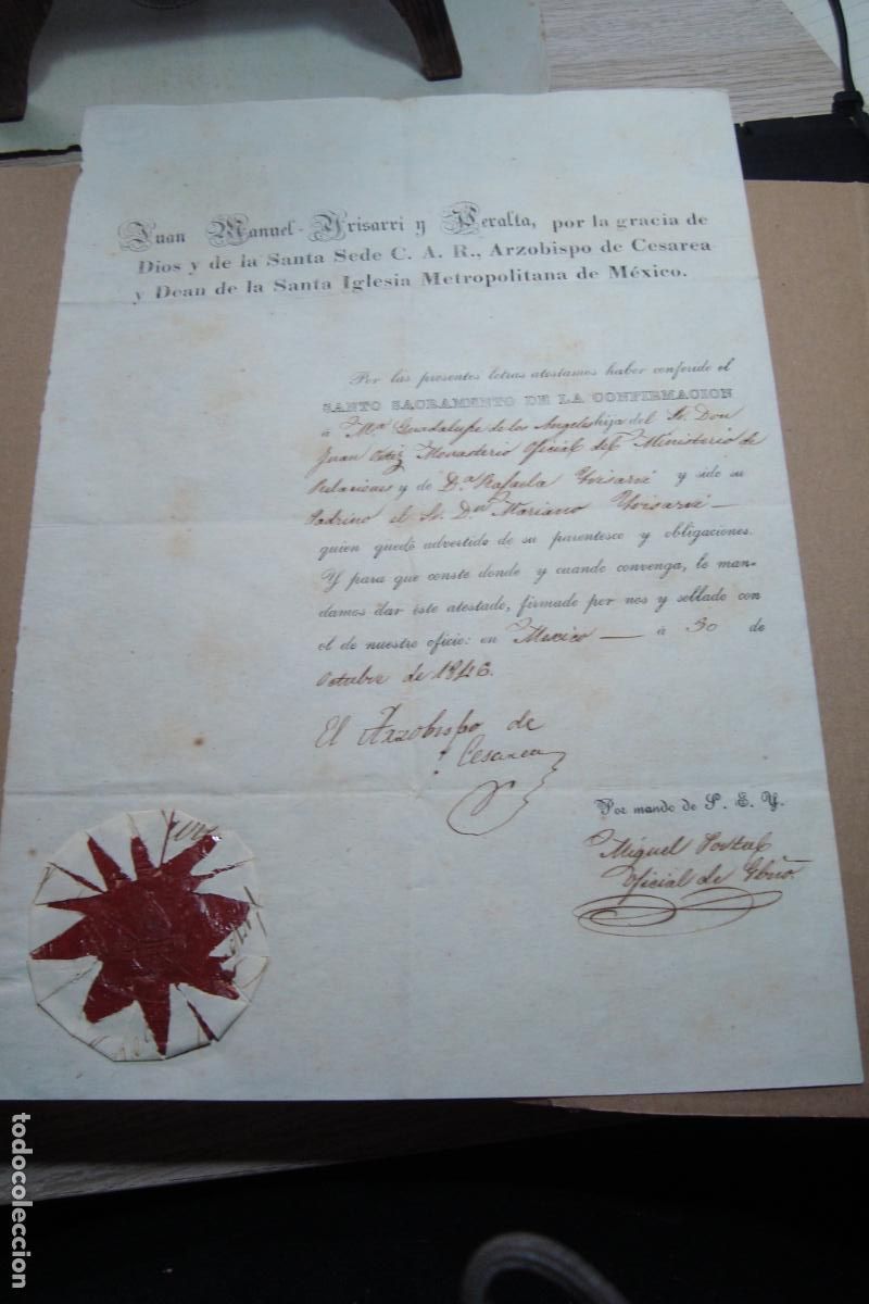 Documentos antiguos: CERTIFICADO SACRAMENTO CONFIRMACION. MANUEL IRISARRI PERALTA ARZOBISPO CESAREA MEXICO 1846