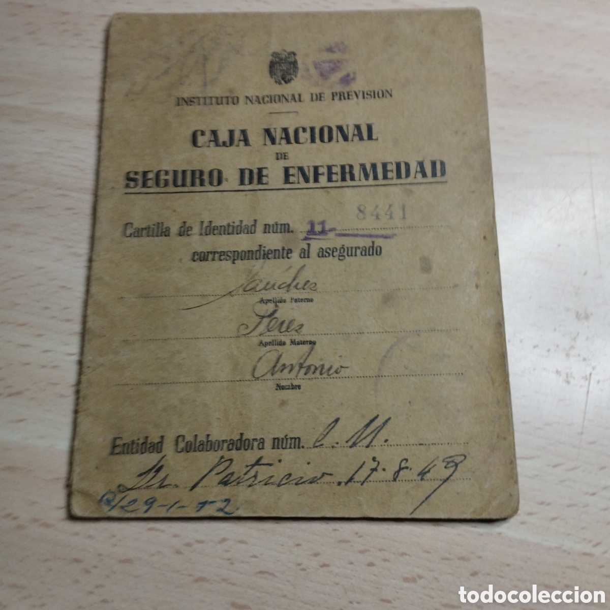 Documentos antiguos: Caja Nacional de seguro de enfermedad. 1949. Instituto Nacional de Previsi&oacute;n.