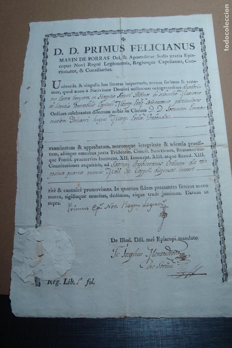 Documentos antiguos: BULA? PRIMUS FELICIANUS MARIN PORRAS. ENMANUEL IRISARRI. HOSPICIO SANTO TOMAS MEXICO 1820