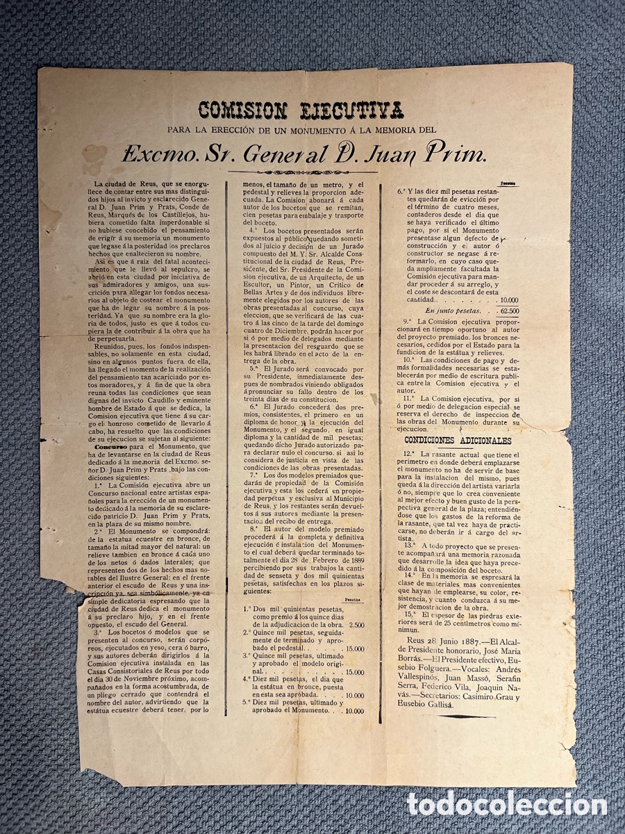 Documentos antiguos: REUS BANDO MUNICIPAL: Comisi&oacute;n Ejecutiva para un monumento al Excmo. Sr. General D Juan Prim y Prats
