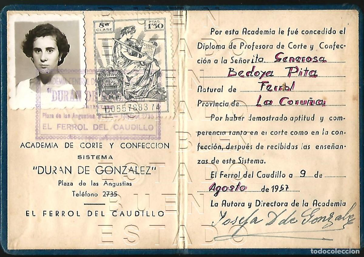 Documentos antiguos: EL FERROL 1957 ACADEMIA CORTE Y CONFECCION DURAN DE GONZALEZ CARNET M47