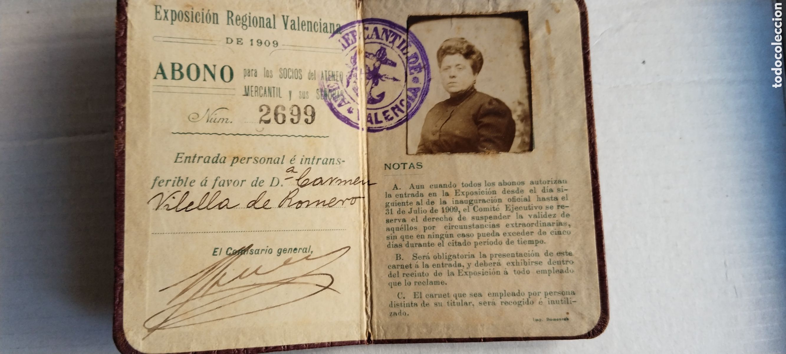 Documentos antiguos: EXPOSICION REGIONAL VALENCIANA 1909,ABONO SOCIOS ATENEO MERCANTIL