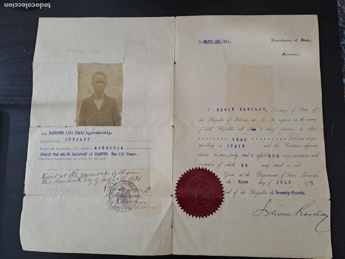 Documentos antiguos: PASAPORTE AFRICANO- REPUBLIC OF LIBERIA-RESIDENCIA DOS A&Ntilde;OS EN ESPA&Ntilde;A-FIRMA SECRETARIO DE ESTADO