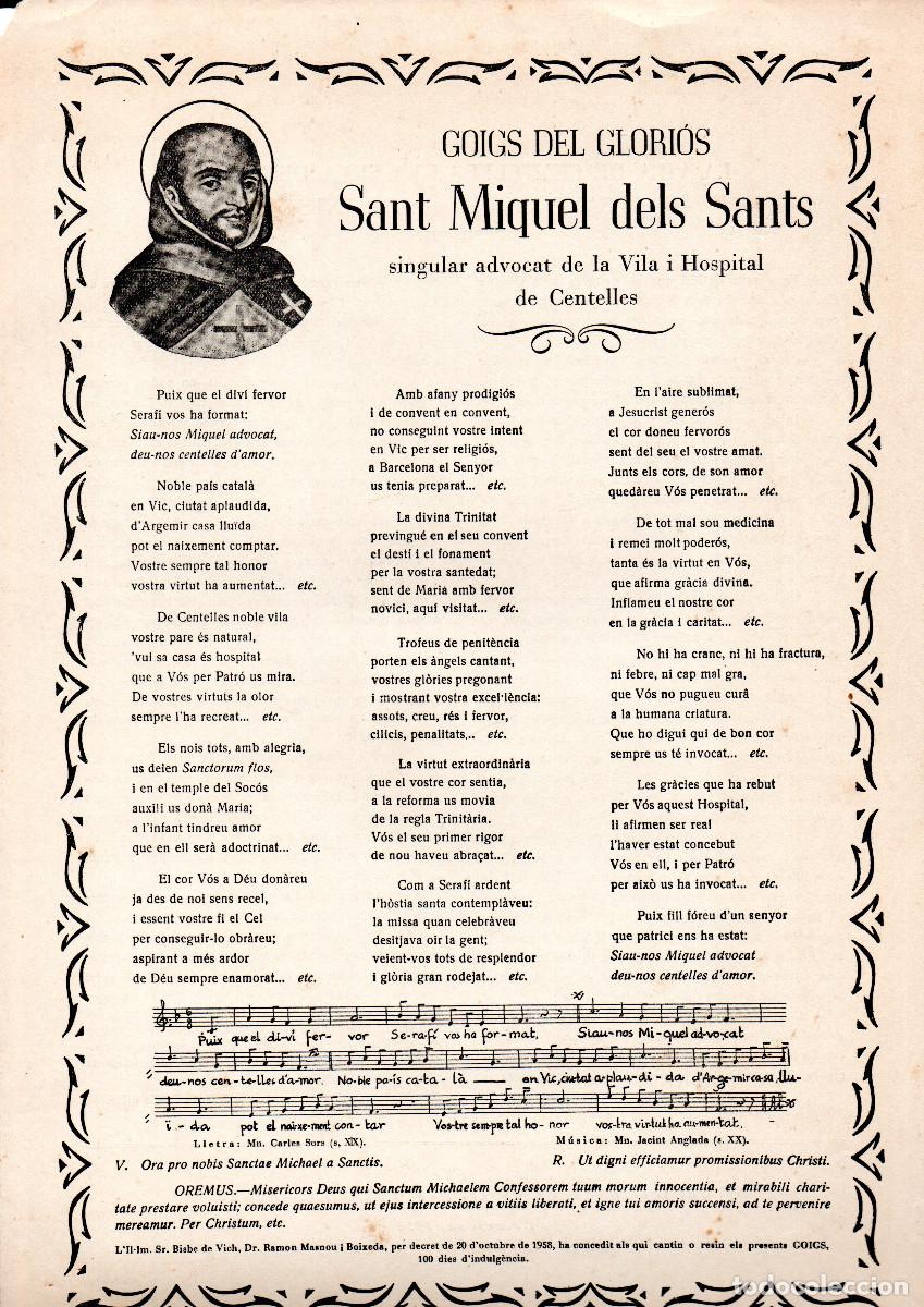 Documentos antiguos: Goigs del Glori&oacute;s Sant Miquel dels Sants. Singular advicat de la Vila i Hospital de Centelles.