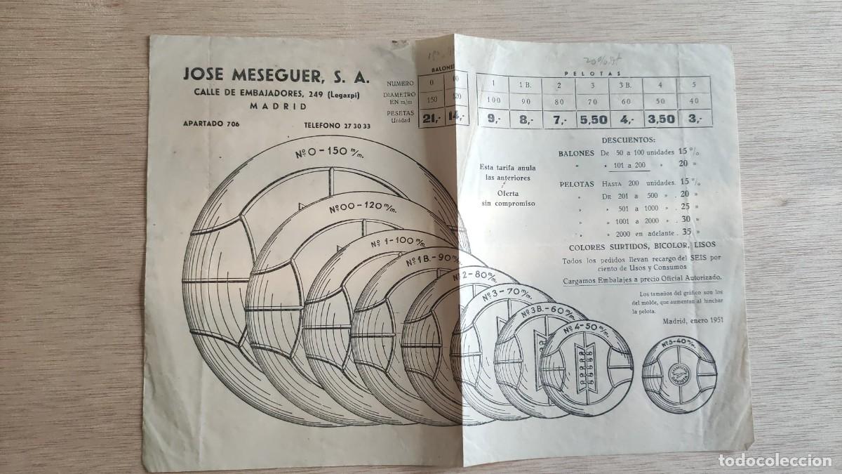Documentos antiguos: ANTIGUA TARIFA JOSE MESEGUER SA BALONES Y PELOTAS MADRID 1951