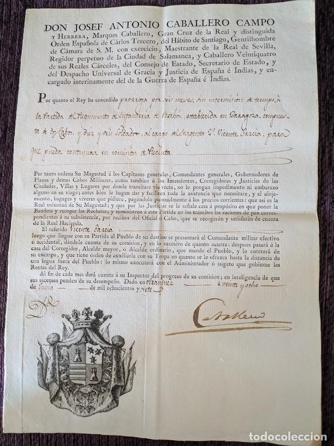 Documentos antiguos: Permiso de Porroga a D. Vicente Garcia. Firma Caballero 1807