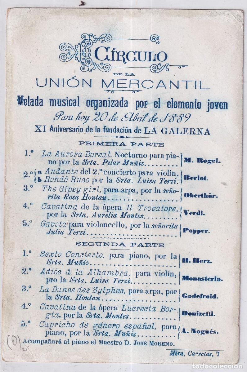 Documentos antiguos: Tarjet&oacute;n C&iacute;rculo uni&oacute;n mercantil velada musical 1889 Fundaci&oacute;n la Galerna. Madrid