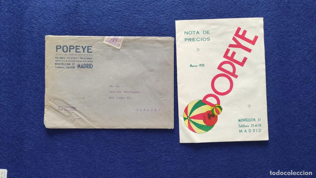 Documentos antiguos: ANTIGUA NOTA DE PRECIOS BALONES PELOTAS Y PELOTONES POPEYE MADRID 1950 CON SOBRE