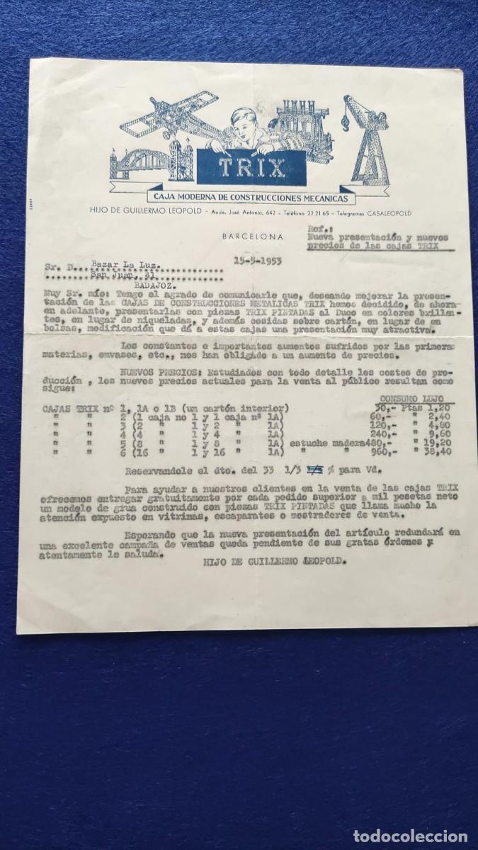 Documentos antiguos: ANTIGUA CARTA COMERCIAL TRIX CAJA MODERNA DE CONTRUCCIONES MECANICAS HIJO DE GUILLERMO LEOPOLD 1953