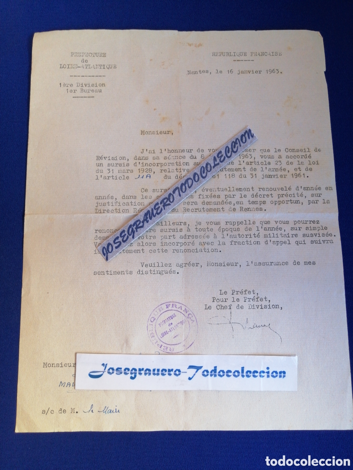 Documentos antiguos: PREFACTURA DE LLIBRE - ATLANTICO 1963 APLAZAMIENTO MILITAR- DOCUMENTO