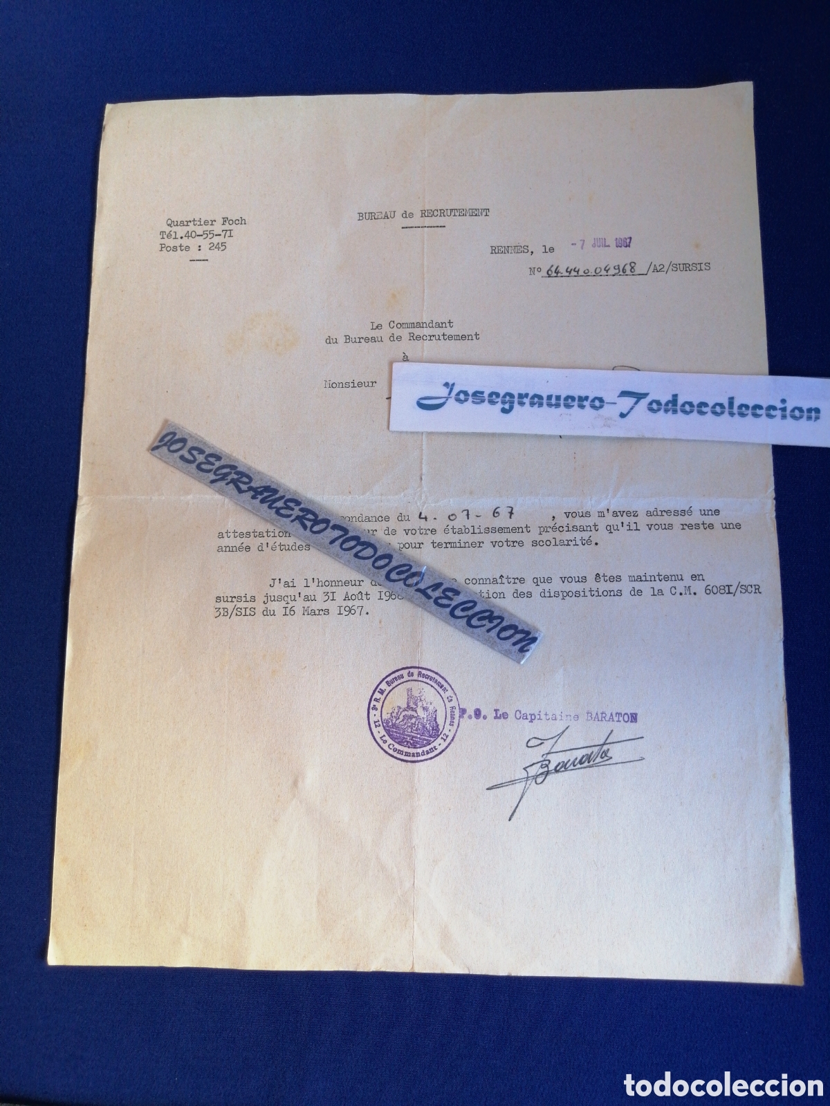 Documentos antiguos: NOTIFICACI&Oacute;N MILITAR FRANCESA RECLUTAMIENTO 1967 SELLO EJ&Eacute;RCITO DOCUMENTO