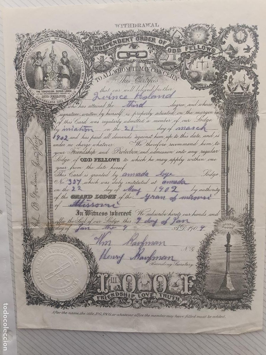 Documentos antiguos: Masoner&iacute;a Documento mas&oacute;n Logia Mas&oacute;nica. Reino Unido. Annad Lodge 1909, tercer grado