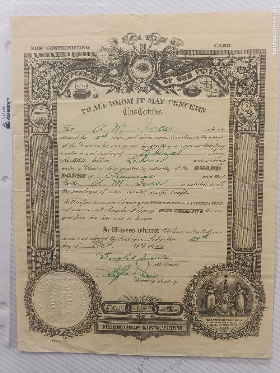 Documentos antiguos: Masoner&iacute;a Documento mas&oacute;n Logia Mas&oacute;nica. Orden independiente de Odd Fellows 1940 Liberal Lodge