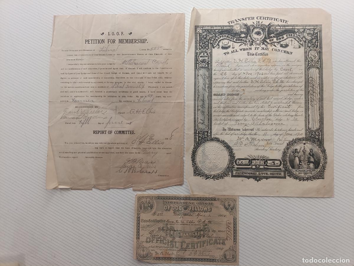 Documentos antiguos: Masoner&iacute;a Documentos masones Logia Mas&oacute;nica. Perrry, Oklahoma USA 1908 Odd Fellows Cherokee Lodge