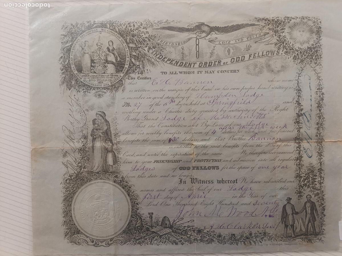 Documentos antiguos: Masoner&iacute;a Documento mas&oacute;n Logia Mas&oacute;nica. Springfield (Massachusetts) USA 1870 Order of Odd Fellows